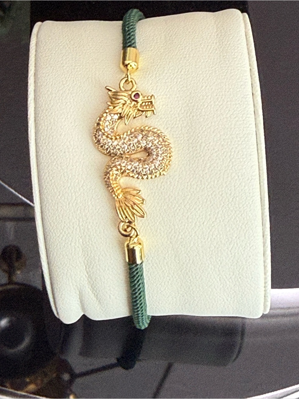 Green Cord Bracelet with Gold Dragon Charm